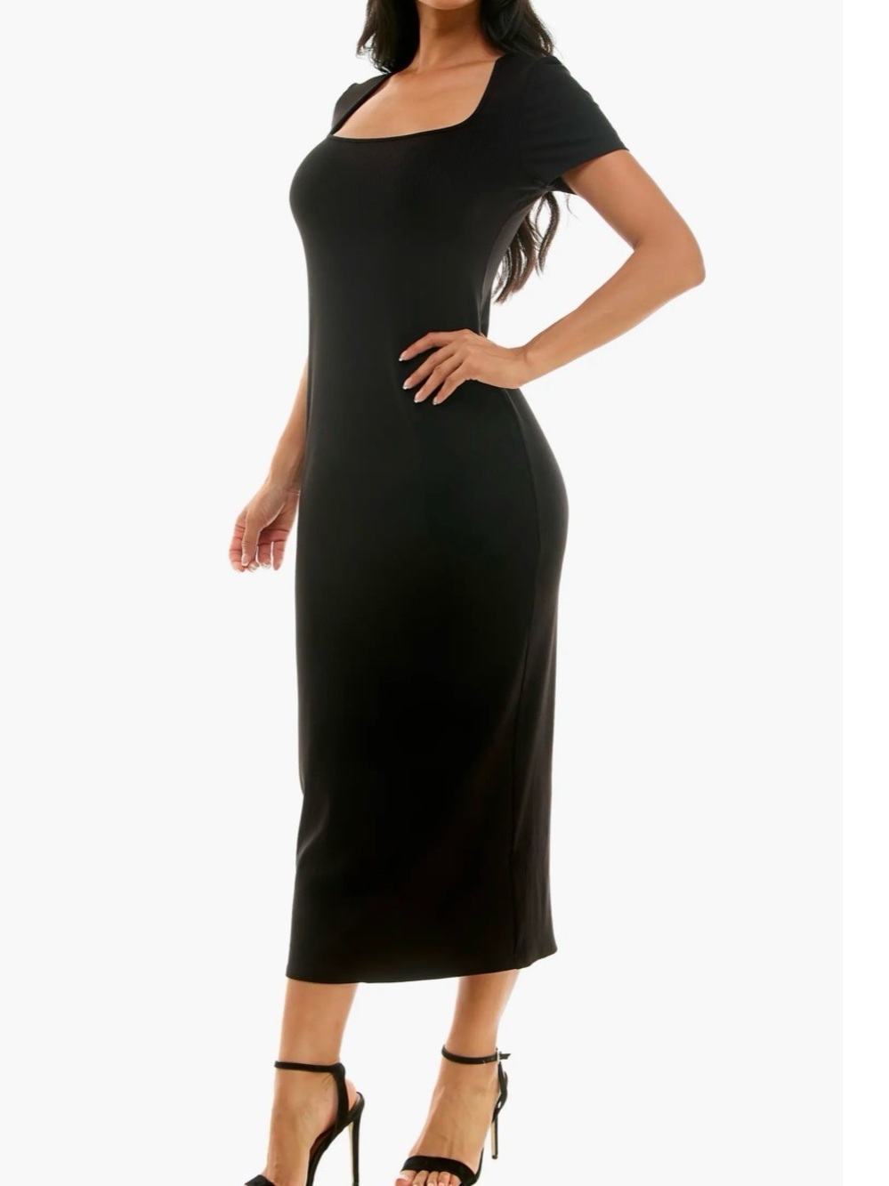 bebe Black Square Neck Short Sleeve Midi Dress - Bodycon